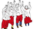 Ministranten springen in die Luft und reißen die Hände in die Höhe - Comic