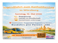 Auf dem Bild ist ein Bus auf einer Straße vor einer Stadt zu sehen. Darüber stehen alle Infos zur Busfahrt zum Katholikentag. Auf dem Bild ist ein Bus auf einer Straße vor einer Stadt zu sehen. Darüber stehen alle Infos zur Busfahrt zum Katholikentag.