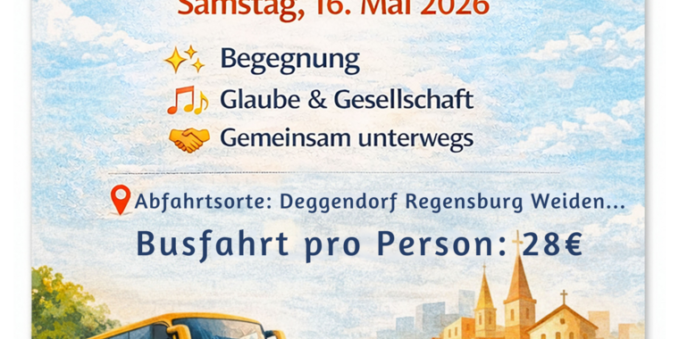 Auf dem Bild ist ein Bus auf einer Straße vor einer Stadt zu sehen. Darüber stehen alle Infos zur Busfahrt zum Katholikentag.