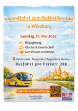 Auf dem Bild ist ein Bus auf einer Straße vor einer Stadt zu sehen. Darüber stehen alle Infos zur Busfahrt zum Katholikentag.